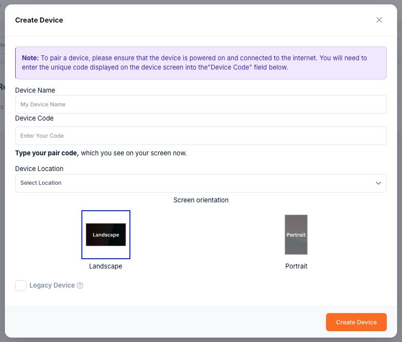 The pairing form gathers the code, location and screen orientation.