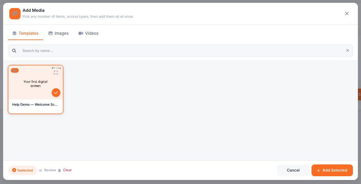 A selected design is highlighted; the footer shows the selection count.